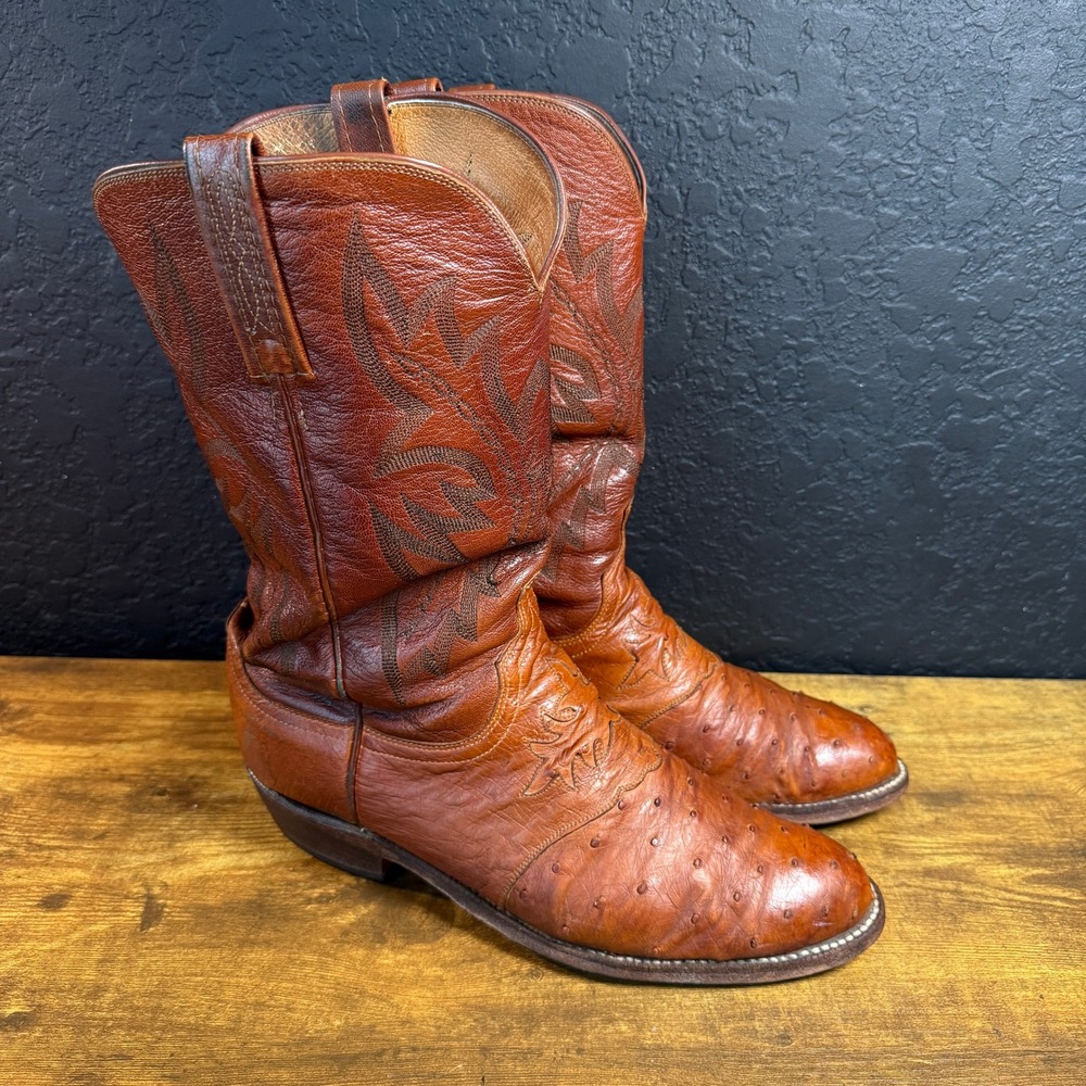 Lucchese 1883 N7017R4 Brown Ostrich Leather Western Boots Mens 9.5 E